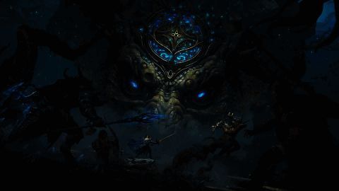 大河神·达温首次亮相场景，巨大神影矗立于河流之上，周身环绕迷雾与水流特效，氛围神秘而庄严