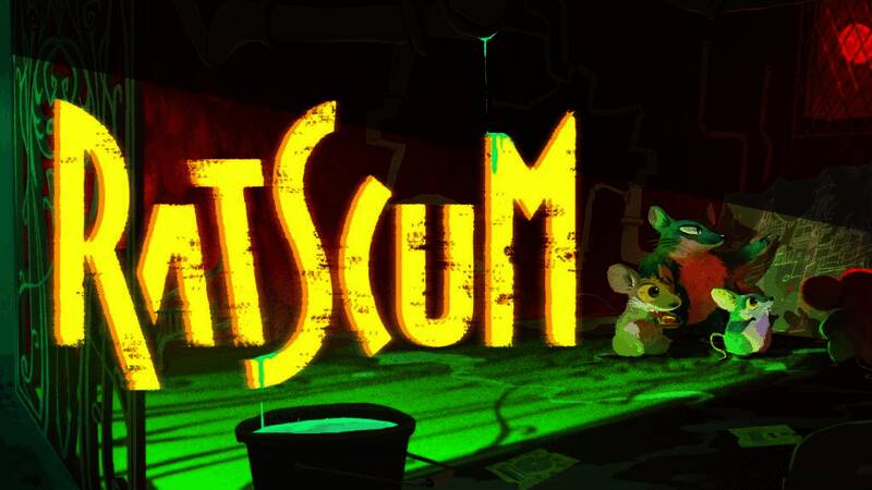 《RatScum》游戏场景，一只小老鼠在昏暗的下水道中爬行，周围是锈迹斑斑的管道和微弱的灯光，氛围神秘而孤独