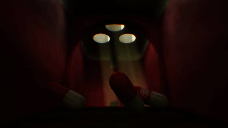 地板上散落着染血的撕裂家庭合照，细节刻画细腻，充满叙事张力