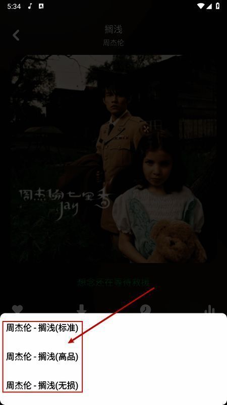 音质选择弹窗界面，列出标准、高品、无损三种选项，当前选中高品