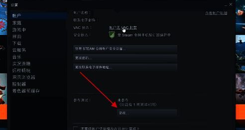 Steam账户设置页面，鼠标指向‘更改’按钮，准备切换测试版本