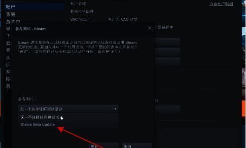 版本选择下拉菜单中，‘Steam Beta Update’选项被高亮选中
