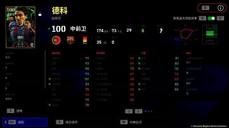 德科球员卡展示，增能后总评可达100分，上阵最高104分