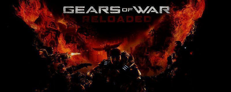 《战争机器：重装上阵》游戏中主角在废墟中拾取蓝色齿轮形状的狗牌，背景为战火纷飞的战场环境