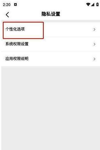 个性化选项页面底部显示“个性化推荐”开关，当前处于开启状态