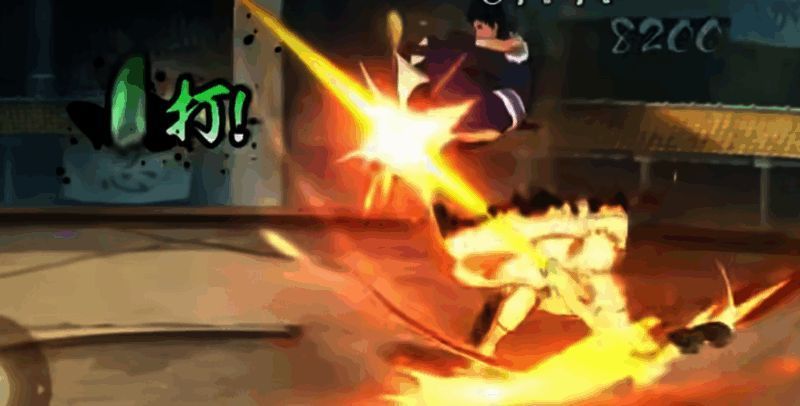 九喇嘛水门在普攻过程中投掷飞镖，敌人被击中后出现硬直，背景火花四溅