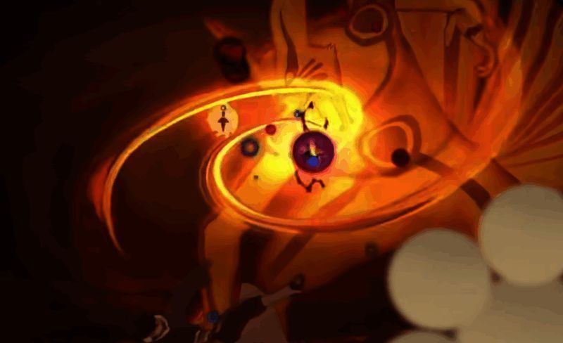 九喇嘛水门化身九尾形态，巨大爪击轰向地面，敌人被击飞，场景碎裂