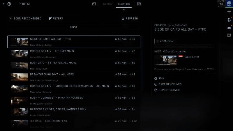 《战地6》服务器浏览器界面截图，展示可筛选的服务器列表与标签过滤选项
