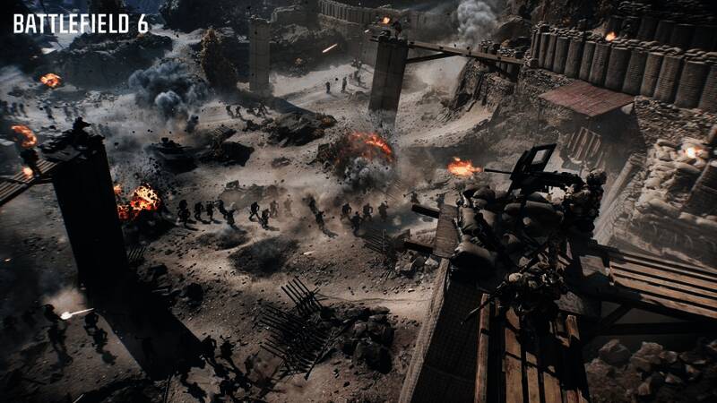 《战地6》硬核模式概念图，显示低UI干扰、真实弹道与高伤害设定的战斗场景