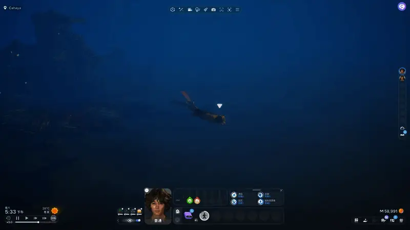 玩家角色在无装备状态下与一群鲨鱼保持安全距离共游