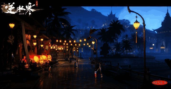 夜晚场景下的汴京城一角，灯光映照在湿漉漉的石板路上，角色披风随风轻扬，细节刻画细腻