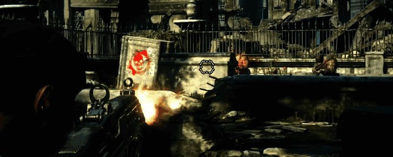 《战争机器：重装上阵》游戏战斗场景截图，角色身穿装甲在废墟中持枪作战，环境细节逼真