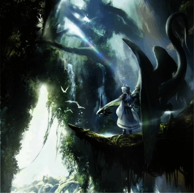 《最终幻想9》25周年纪念展宣传图，画面中吉坦与伙伴们并肩站立，背景为浮空城堡与蓝天