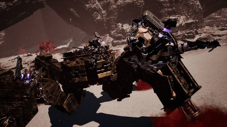 三名玩家机甲围攻巨大Boss，其中一人使用导弹齐射，场面宏大