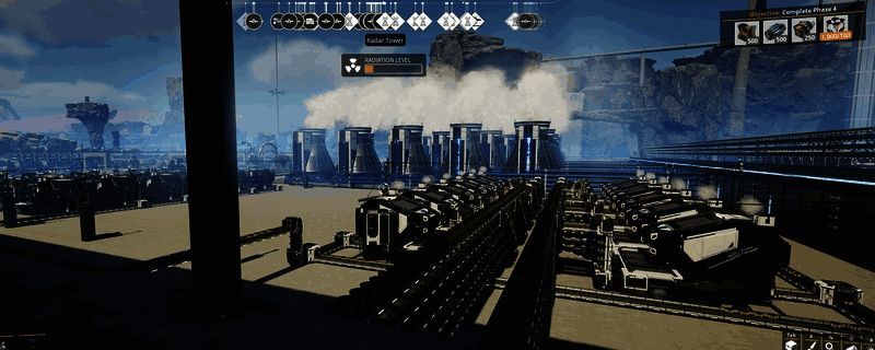 幸福工厂中不同阶段的发电设施布局，展示从生物质到火箭油发电的设备演变