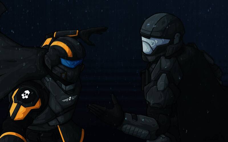 《绝地潜兵2》玩家在战场上围绕一台机甲欢呼，准备协同作战，展现团队协作的温馨画面