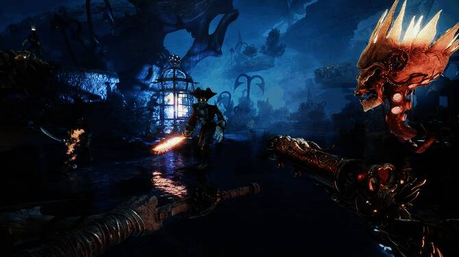 玩家操控无头角色在昏暗洞穴中前行，头骨漂浮在空中照亮前方路径