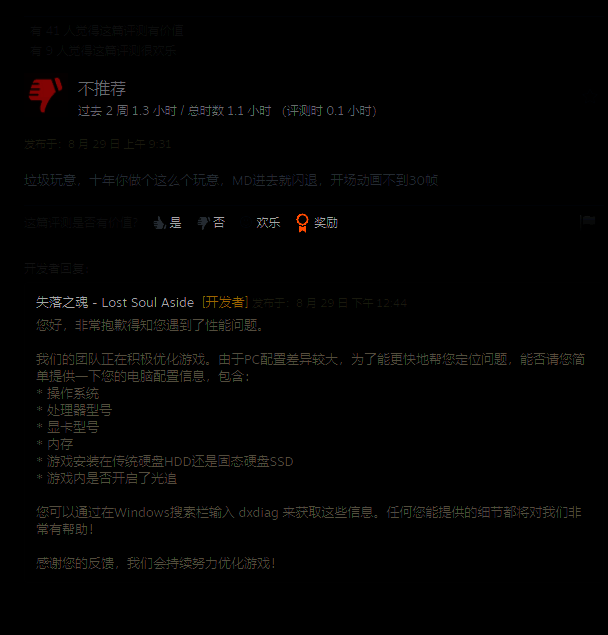 玩家在Steam社区发布的dxdiag信息示例截图，界面显示系统诊断详情，用于帮助开发者排查问题