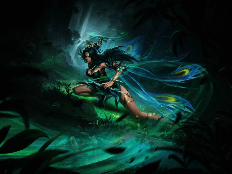 孔雀明王角色立绘展示，身披金翎羽甲，双翼展开，周身环绕佛光与暗焰交织的特效