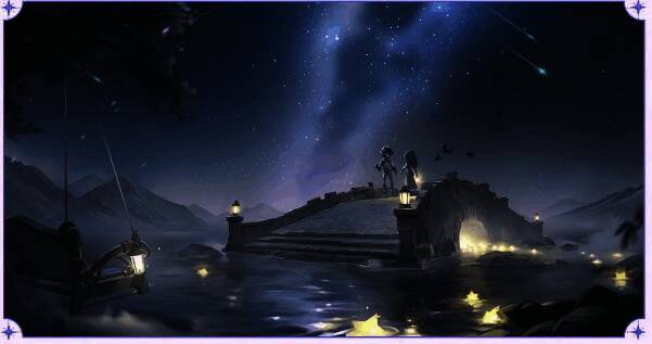 梦境邀约地图场景截图，两名角色在星空下的花园中跳双人舞，周围漂浮着发光许愿星与花瓣特效