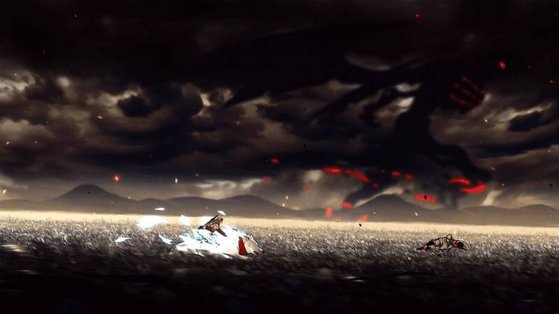 战斗特写画面，主角挥刀斩出华丽刀光，敌人四散崩解，特效绚丽且动作流畅