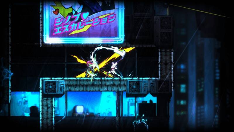 Boss战场景，巨大敌人矗立于神社废墟中，主角在下方蓄力准备突进，氛围紧张刺激