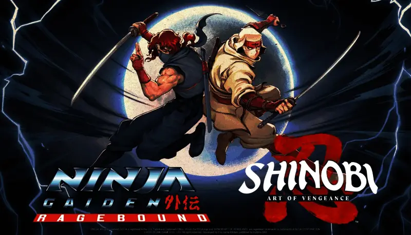 Steam捆绑包宣传图，左侧为《超级忍 反攻的斩击》主角，右侧为《忍者外传：怒之羁绊》角色，背景为火焰与刀光交织