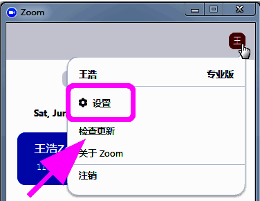 Zoom设置入口页面，下方列表清晰标注‘设置’选项