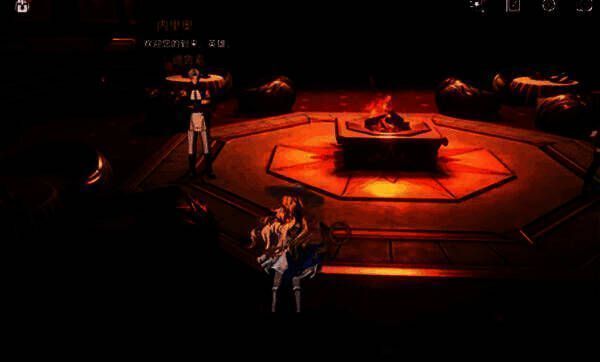 角色在楼梯左侧与两位NPC对话的场景，对话框浮现，氛围庄重