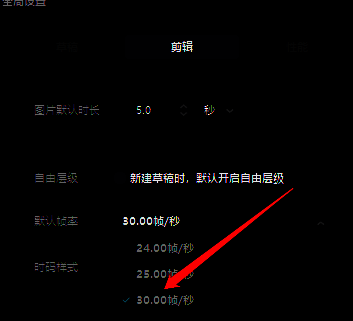 剪映默认帧率下拉菜单选项展示，包含24/30/60fps等