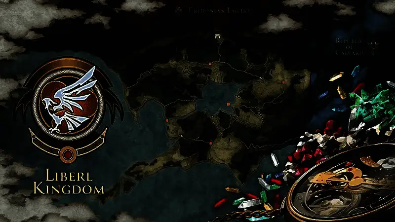 利贝尔王国全景鸟瞰图，绿意盎然的田园风光与古老城镇交相辉映，远处可见王都格兰赛尔的宫殿尖顶