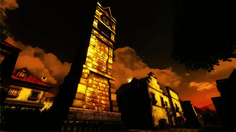 洛连特市街景，木质结构房屋错落有致，背景可见远处山脉