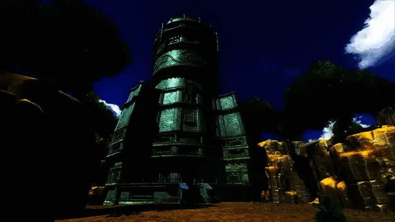 翡翠之塔夜景，碧绿色光芒从塔身散发，周围雾气缭绕，宛如梦境