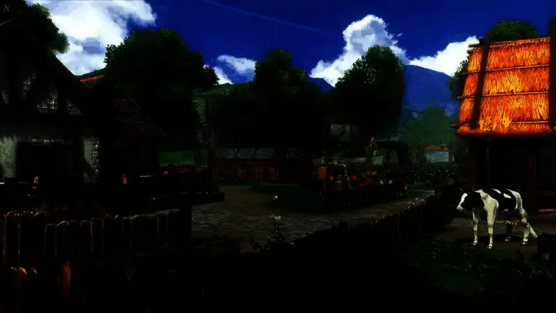 帕赛尔农场日景，温室大棚整齐排列，农民正在采摘番茄