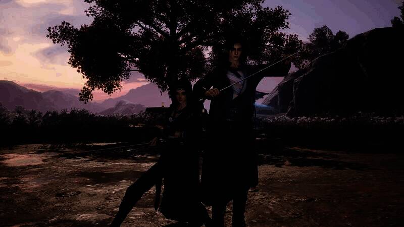 《射雕》游戏画面中，两位少侠并肩而立，身穿‘意气生’主题外装，衣袂随风飘扬，背景为古风楼宇与垂柳，尽显江湖豪情