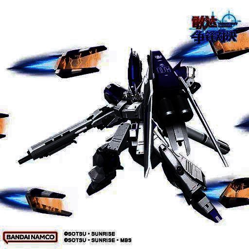 Hi-ν敢达HWS装备型在主界面的动态展示画面，机体缓缓升起，浮游炮环绕飞行，光束武器充能发光