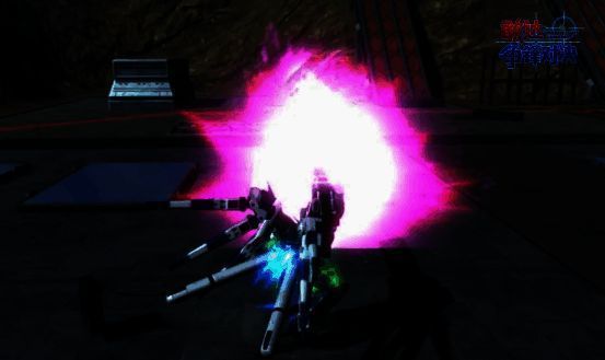 超级米加粒子炮释放瞬间，巨大光束柱贯穿战场，背景爆炸四起