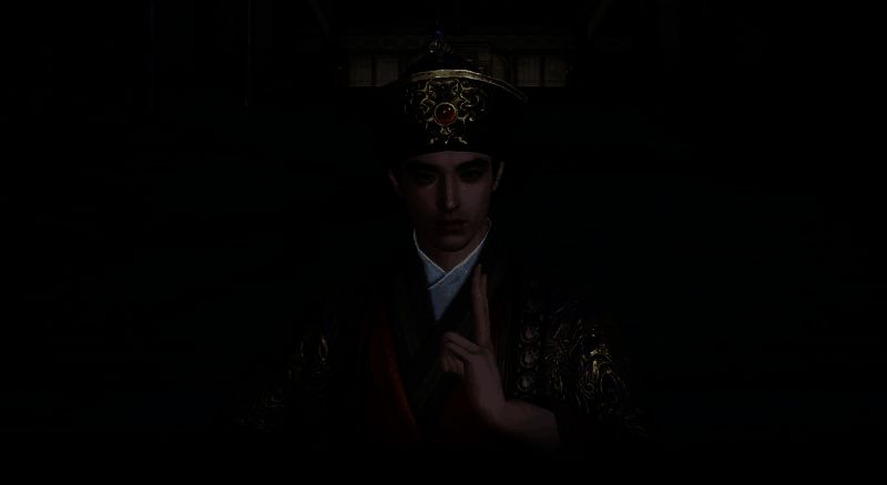 南帝段智兴身披帝王长袍，手持一阳指气劲逼人，周身环绕金色佛光，气势威严