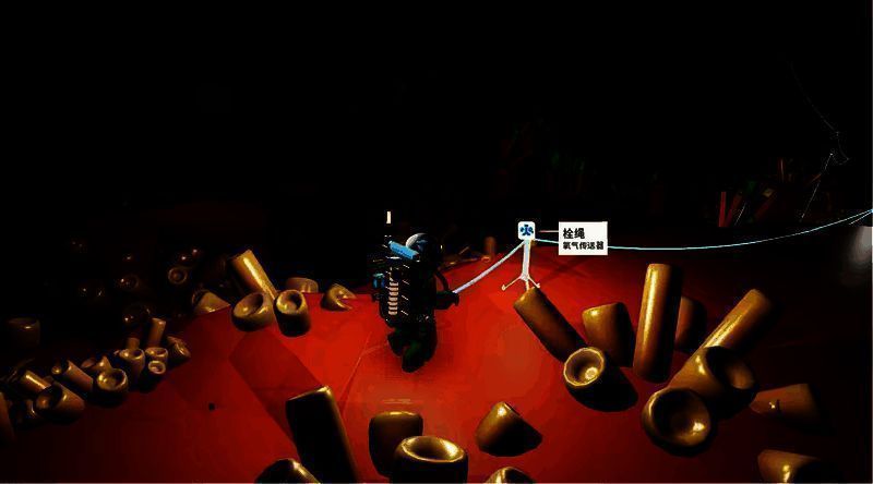 矿工机器人在卡利多峡谷中挖掘钨锰铁矿的场景，机械臂正从岩壁中提取金属矿石