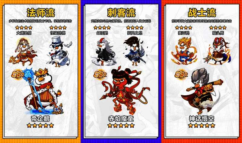 三只不同风格的鸭子角色并列展示，分别为忍者装扮的鹅、机械风格的机器鹅和头顶光环的太阳鸟，背景为卡牌收集界面