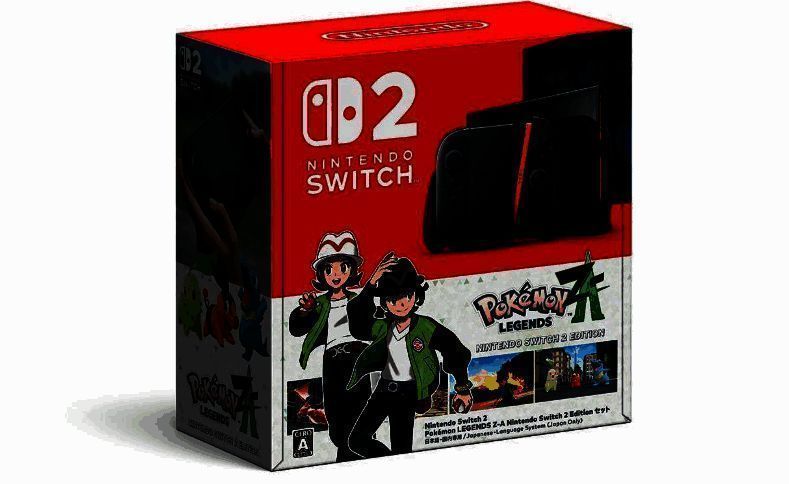 《宝可梦传说 Z-A》同捆版Switch 2主机展示图，主机外壳印有游戏主题图案，搭配特别设计外盒