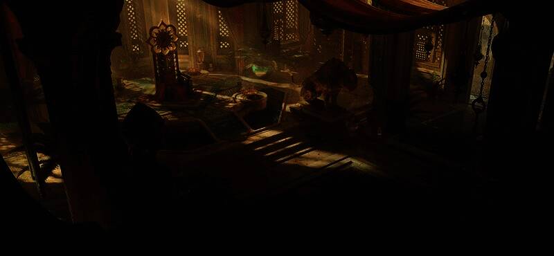 虎人祭司在河边举行仪式，身披蓝白长袍，手持水晶权杖，背景是蜿蜒的圣河与绿洲