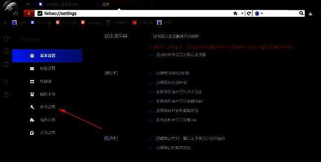 猎豹浏览器设置页面左侧更多设置选项高亮显示