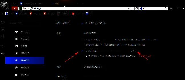 猎豹浏览器更多设置中缓存目录更改按钮界面截图