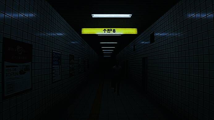 游戏角色站在通道岔路口，前方灯光忽明忽暗，营造出紧张抉择的氛围