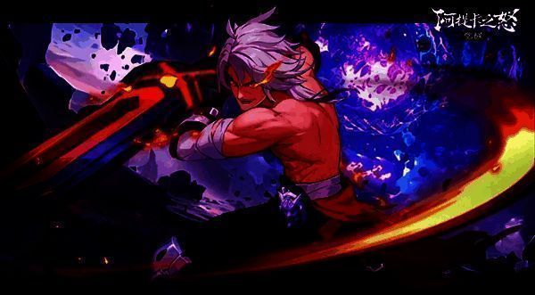 狂斗士角色立绘，身披重甲，手持巨大双刃剑，眼神凌厉，周身环绕着红色斗气光环