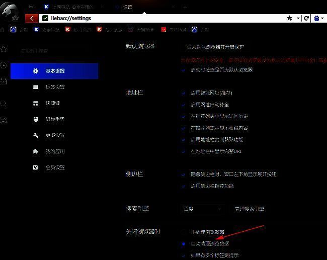 “自动清理浏览数据”复选框已被勾选，旁边有说明文字解释清理范围