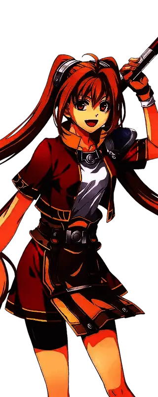 艾丝蒂尔·布莱特角色立绘，身穿黄色外套，手持棒术具，笑容灿烂