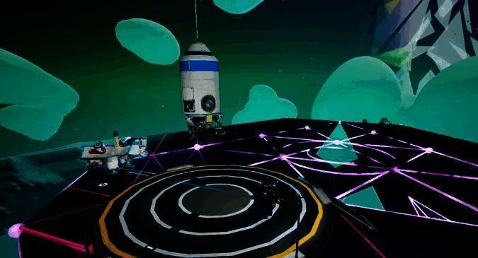 玩家站在新获得的VTOL飞行器旁，背景为已完成的任务基地