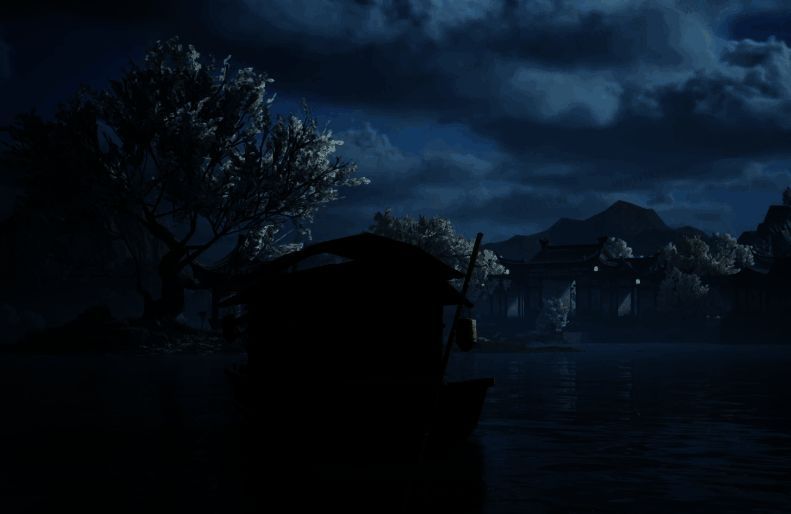 燕子坞场景图，古风建筑群依山而建，湖面倒映灯火，远处有黑衣人潜伏于林间，气氛肃杀